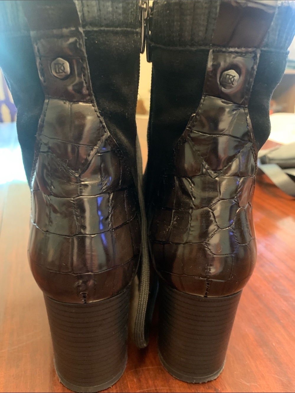 Black Croc-Embossed Suede Block Heel Ankle Boots